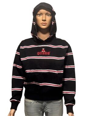 GUESS Black Hoodie with Red and White Stripes
